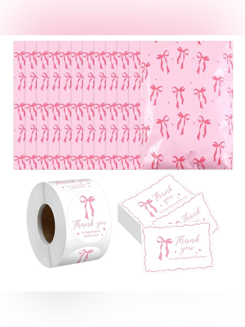 125 Pieces Thank You Pink Bow Sticker, Shipping Bags, & Thank You Business Cards